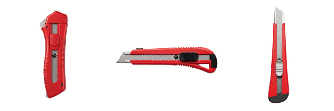 Set of professional heavy duty red plastic utility knife box cutter tool with a sharp retractable steel razor blade for industrial warehouse packaging, isolated white background hardware.