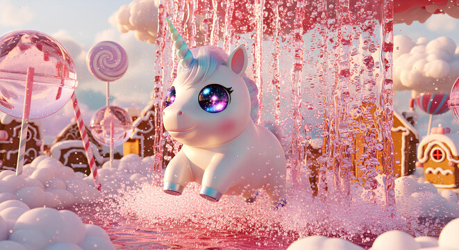 Baby Unicorn Chasing Bubble in Candy Wonderland Illustration