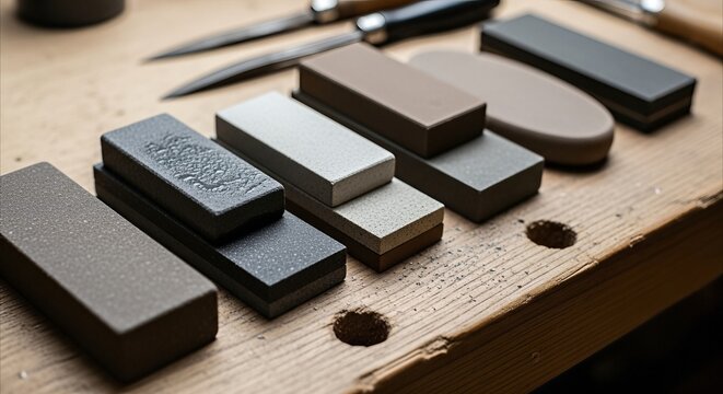 Assorted Whetstones and Sharpening Stones on a Rustic Workbench, Skill and Craftsmanship