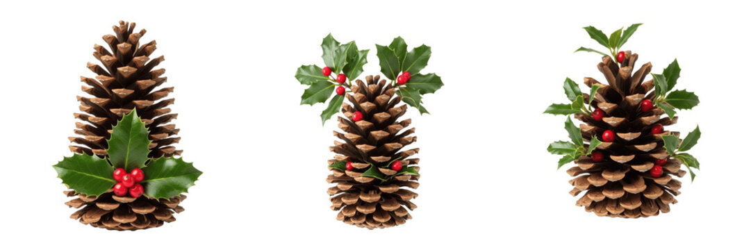 Set of festive Christmas holiday ornamentation featuring a large brown natural pinecone decorated beautifully with bright green holly leaves and bright red berries, isolated white background.