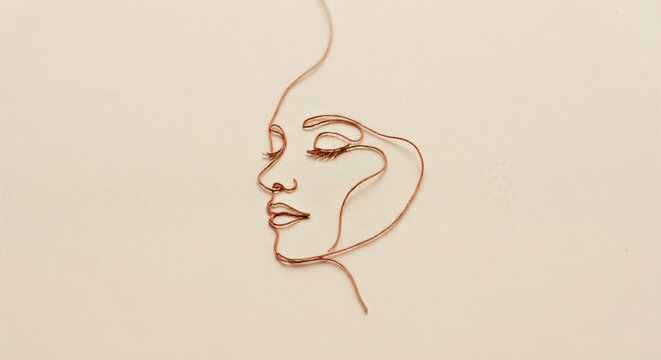 Minimalist Macro Photography of Continuous Terracotta Silk Thread Forming a Sleeping Face Profile on Warm Beige Canvas
