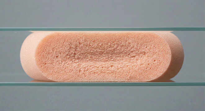 Tactile ASMR Photography of Squishing Pastel Peach Memory Foam Ball on Muted Grey Background