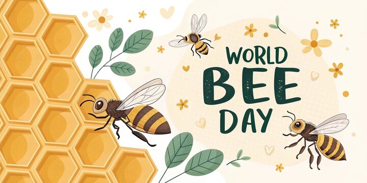 World bee day banner honeycomb bees flowers nature pollination eco concept