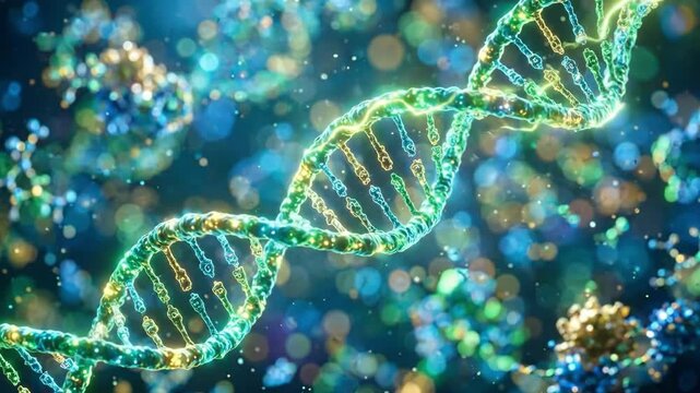 Glowing DNA double helix molecule with nucleotide bases. Molecular genetics and biotechnology visualization. Scientific research and medical innovation concept