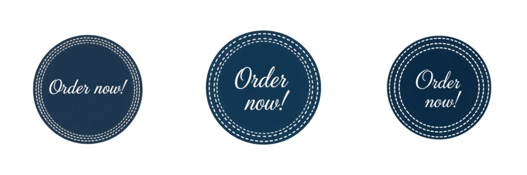Collection of dark blue round circular vintage badge stickers label design template with stitched borders detailing and custom decorative words saying order now, isolated white background.