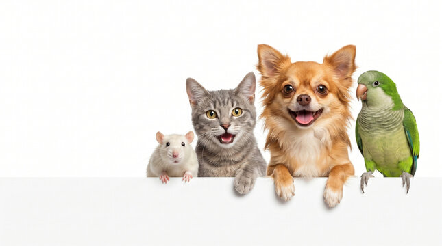 Collection of diverse pets on white background. Veterinary clinic concept, pet care services, animal shelter promotion, insurance, and professional pet photography background with copy space.