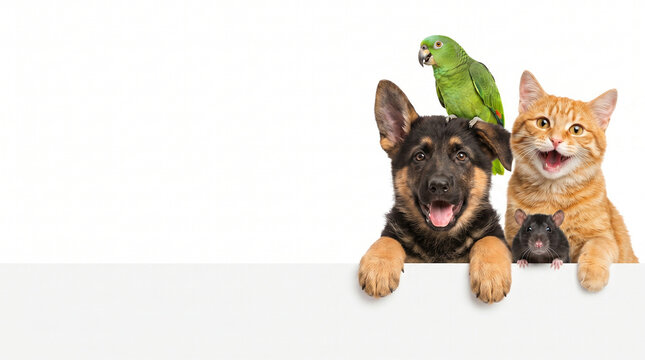 Group of diverse happy domestic pets including a white rat, grey tabby cat, long-haired chihuahua dog, and green monk parakeet sitting together in a row against a white background.