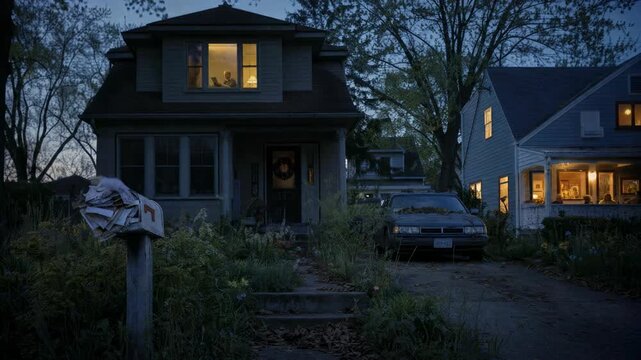 Elderly man sits alone in an illuminated attic window of a neglected house. Twilight scene representing isolation, solitude and the struggles of aging seniors.
