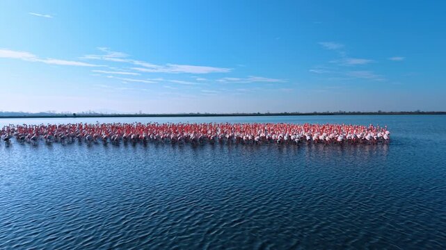 Flock of pink flamingos standing in calm blue water. A large line of pink flamingos wading in a calm blue lake under a clear sunny sky with copy space.