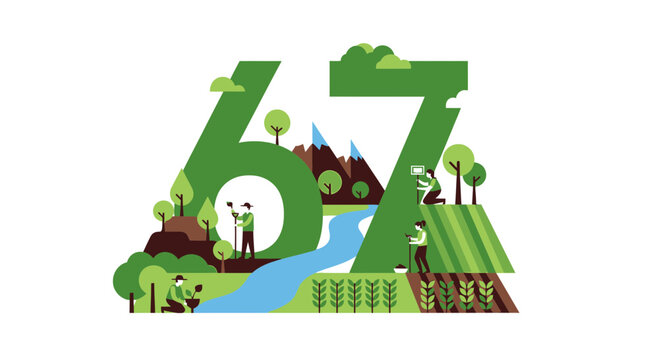 Green Number 67 with Nature Scene and People Farming