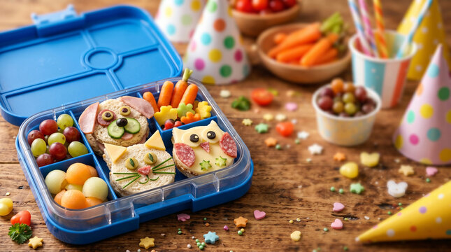 Creative bento lunch box with animal sandwiches for picky eaters. Healthy kids nutrition, parenting lifestyle, and fun festive preschool meal prep concept on wooden background.
