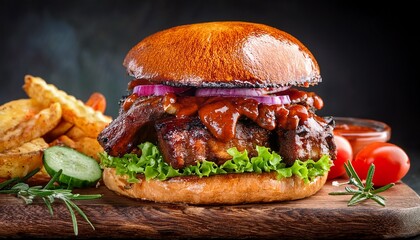 juicy burger with pork ribs spicy sauce and fresh vegetables on wooden cutting board