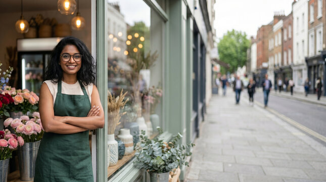 Smiling young Indian woman florist wearing green apron standing with crossed arms at the entrance of her flower shop on a city street. Small business owner portrait.