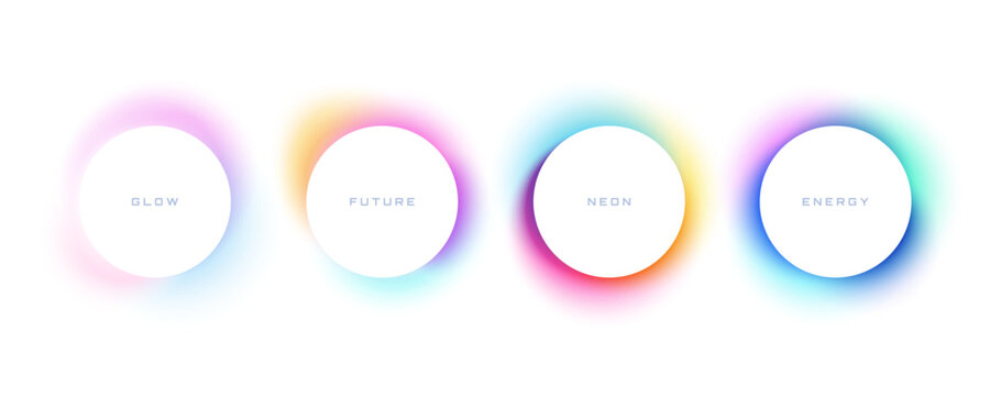 Abstract glowing circles with colorful neon gradient halos on white background. Futuristic minimal round frames with soft luminous blur and light effects. Ideal for text box, poster, banner