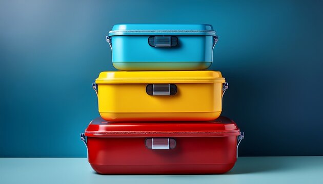 colorful stacked lunch boxes in red blue and yellow on a neutral background showcasing modern design and functionality for meals on the go
