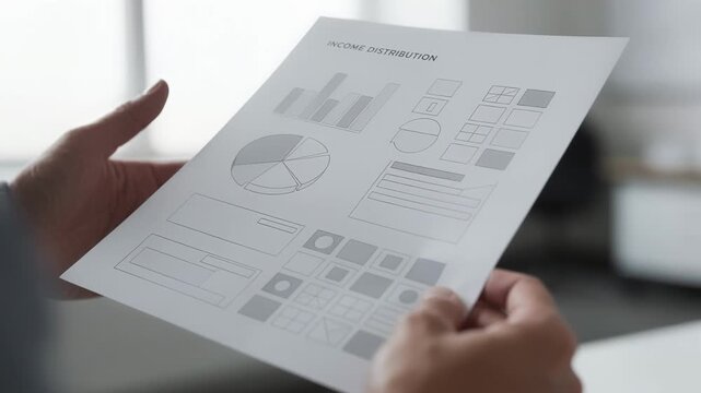 Medium shot of a printed income distribution report in hand the main data section clear while the background remains indistinct.