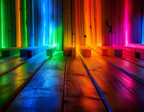 fluorescent colors on a wooden background create a vibrant and eye catching visual display showcasing the striking contrast of fluorescent hues against the warm tones of wood