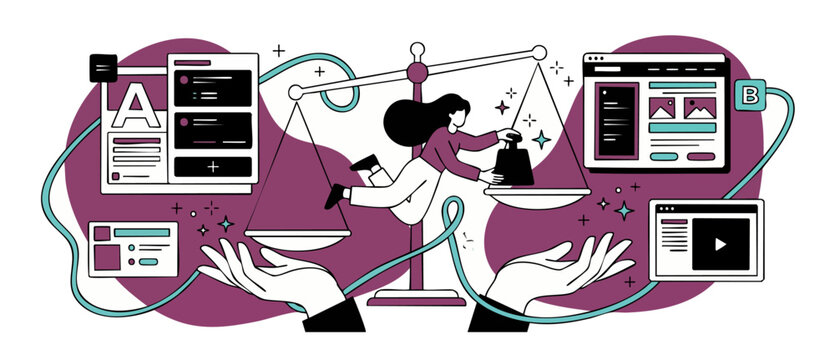 AB Testing Website UX Design comparing interface options with balance scale vector illustration. Flat style digital marketing optimization, user experience comparison, landing page analytics concept.