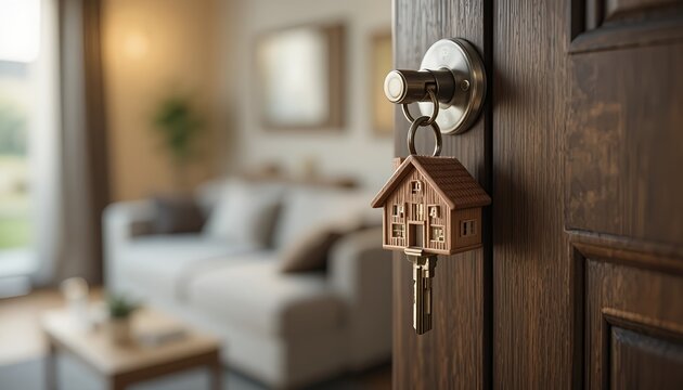 Closeup of a house key with a home-shaped keychain inserted into a modern door lock, blurred cozy living room background, real estate and home ownership concept