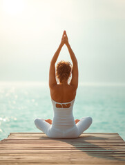 Obraz premium Back view of a young woman in white sportswear practicing yoga in lotus pose with raised arms on a wooden pier overlooking the calm turquoise sea during a serene sunrise
