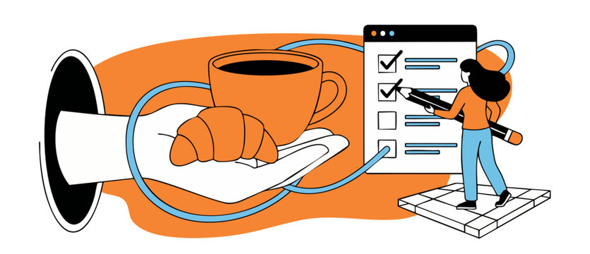 Coffee cup croissant checklist woman completing morning routine tasks, productivity and daily schedule planning concept, orange and blue flat vector banner illustration for workday management.