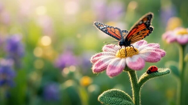 Monarch butterfly and ladybug sitting on a crocheted flower. Realistic knitted plant in nature with insect. Handmade garden art, springtime creative craft theme.
