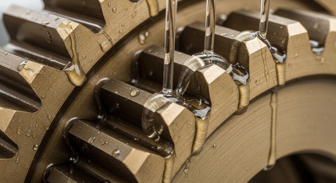 Metallic gear wheel receives fresh lubrication as thick liquid drips onto its bronze teeth
