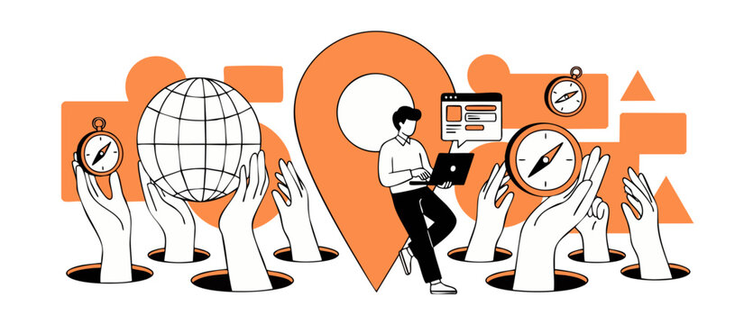 Global navigation map pin illustration showing hands holding compass and globe sphere for local SEO business tracking, remote work team collaboration, and international online search optimization.