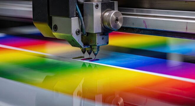 Industrial digital printing machine applies vibrant rainbow colors to a substrate material
