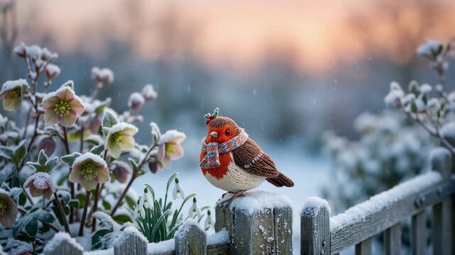 Knitted robin bird wearing a colorful scarf perched on a snow covered fence in a winter garden. Serene wildlife scene with hellebores and falling snowflakes.