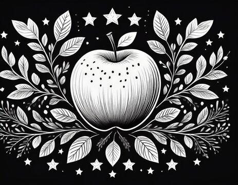 black and white apple lettering with floral branches and stars art