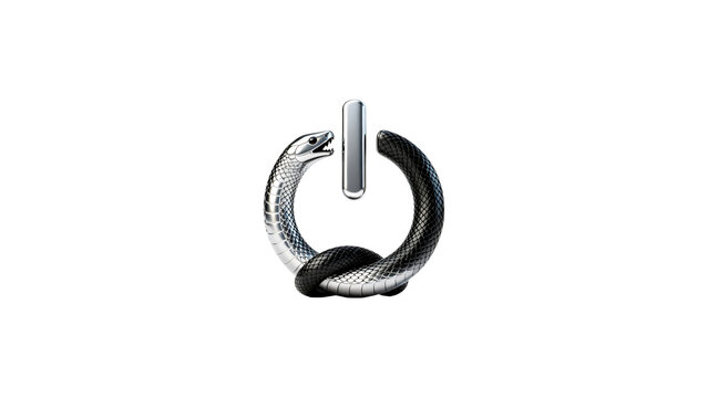 Chrome Metallic Power Button Symbol with Dark Rope or Snake Wrapped Around, Technology and Control Concept, 3D Shiny Icon Isolated on White Background