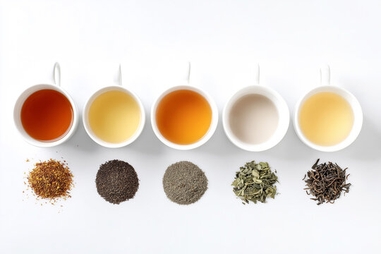 Top view of five white cups with different types of tea and matching dry tea leaves below them, isolated on white background. Concept of tea assortment and tasting