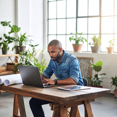 Naklejka premium Focused creative professional working on a laptop inside a bright, plantfilled modern studio office. Ideal for themes of remote work, design, technology, and entrepreneurship.