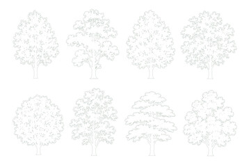 Mixed Crown Shape Tree Set Side Elevation Dotted Outline Vector for Architectural Site Plans and Landscape Drawings © Muhammad