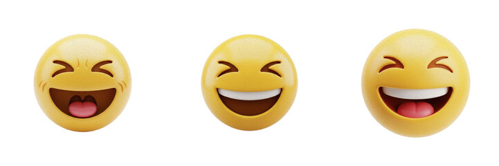 Collection of classic glossy yellow laughing crying emoji face with widely opened mouth showing closed eyes of joy expression icon for social media digital chat, isolated white background.