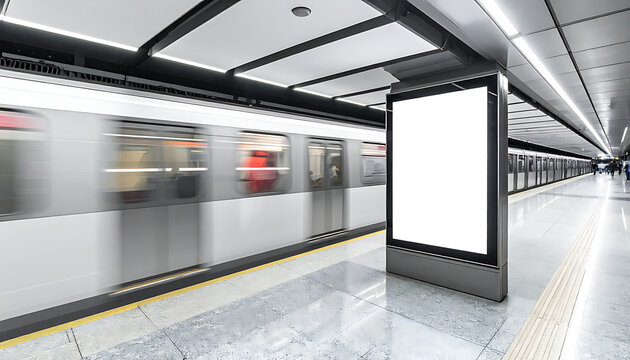 Modern subway station platform with a blurred moving train and a blank advertising screen, showcasing public transportation and commercial space