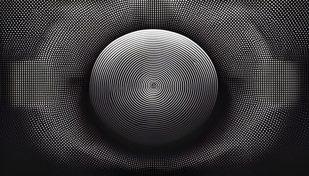 black halftone dot pattern circles with spirals and radiating shapes art