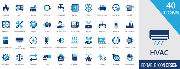 HVAC fill icon set with air conditioning ,flames, solar, heating, thermostat, cooling, energy, ventilation, control, climate, equipment, and service glyph icons. © Nagma