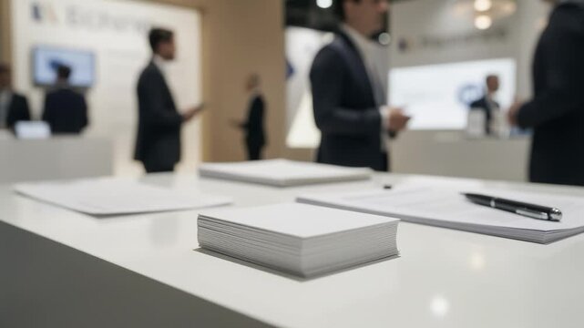 Medium shot at a trade exposition insurance booth sharply capturing a stack of business cards and display materials with ambient lighting and blurred exhibitors in the back.