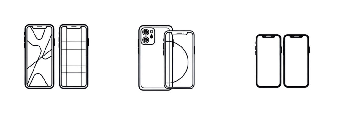 Minimalist thin black line art vector illustration of a modern smartphone showing front screen layout and rear camera module placement view templates, isolated white background.