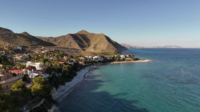 Seagulls flying over el Campello coastline in Alicante, Spain.