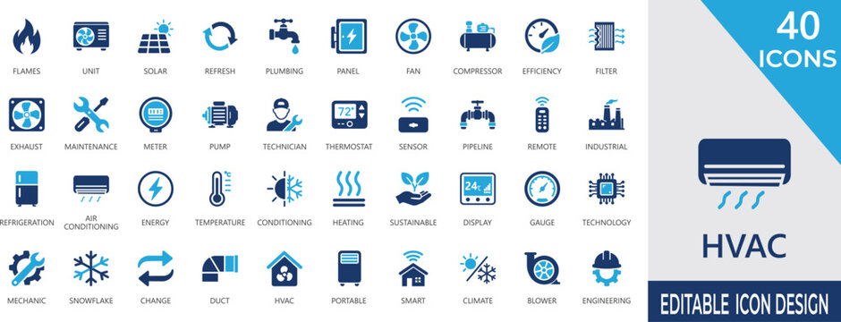 HVAC fill icon set with air conditioning ,flames, solar, heating, thermostat, cooling, energy, ventilation, control, climate, equipment, and service glyph icons.
