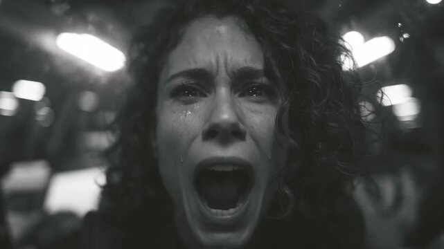 Hispanic woman screaming in despair and crying during emotional breakdown. Close up of upset lady showing intense anger and frustration in dark dramatic lighting.