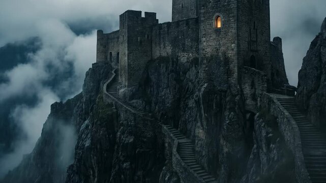 Ancient fortress on mountain peak shrouded in dense fog. Stone castle with glowing window above steep stairway. Medieval architecture in mysterious misty landscape.