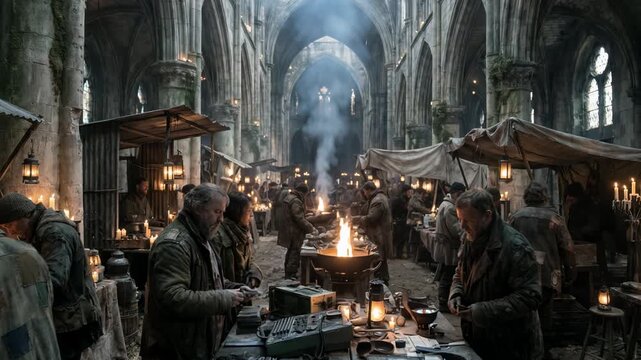 Men and woman work at a mystical street market inside an old cathedral. Survivors gather around stalls with fire and candlelight. Post-apocalypse camp scene.