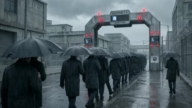 A line of men and women waiting in the rain under umbrellas at a security checkpoint. Dystopian city scene with industrial buildings. Control and surveillance.