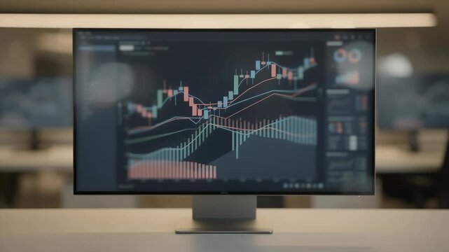 Medium shot of a screen displaying portfolio secondary sale data with focused graph lines and charts contrasted by blurred peripheral interface elements and office lighting.