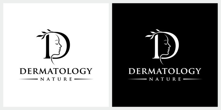 Initial letter D pretty woman face head silhouette with leaves for natural beauty skin care cosmetic logo design