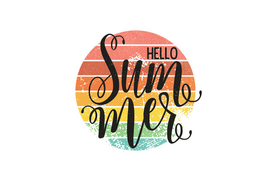  Retro sunset circle with Hello Summer calligraphy script for seasonal apparel Sublimation Design